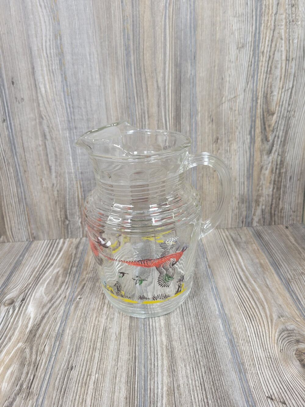 Vintage Hazel Atlas Pheasant Glass Pitcher Mid Century Hunting Scene Barware